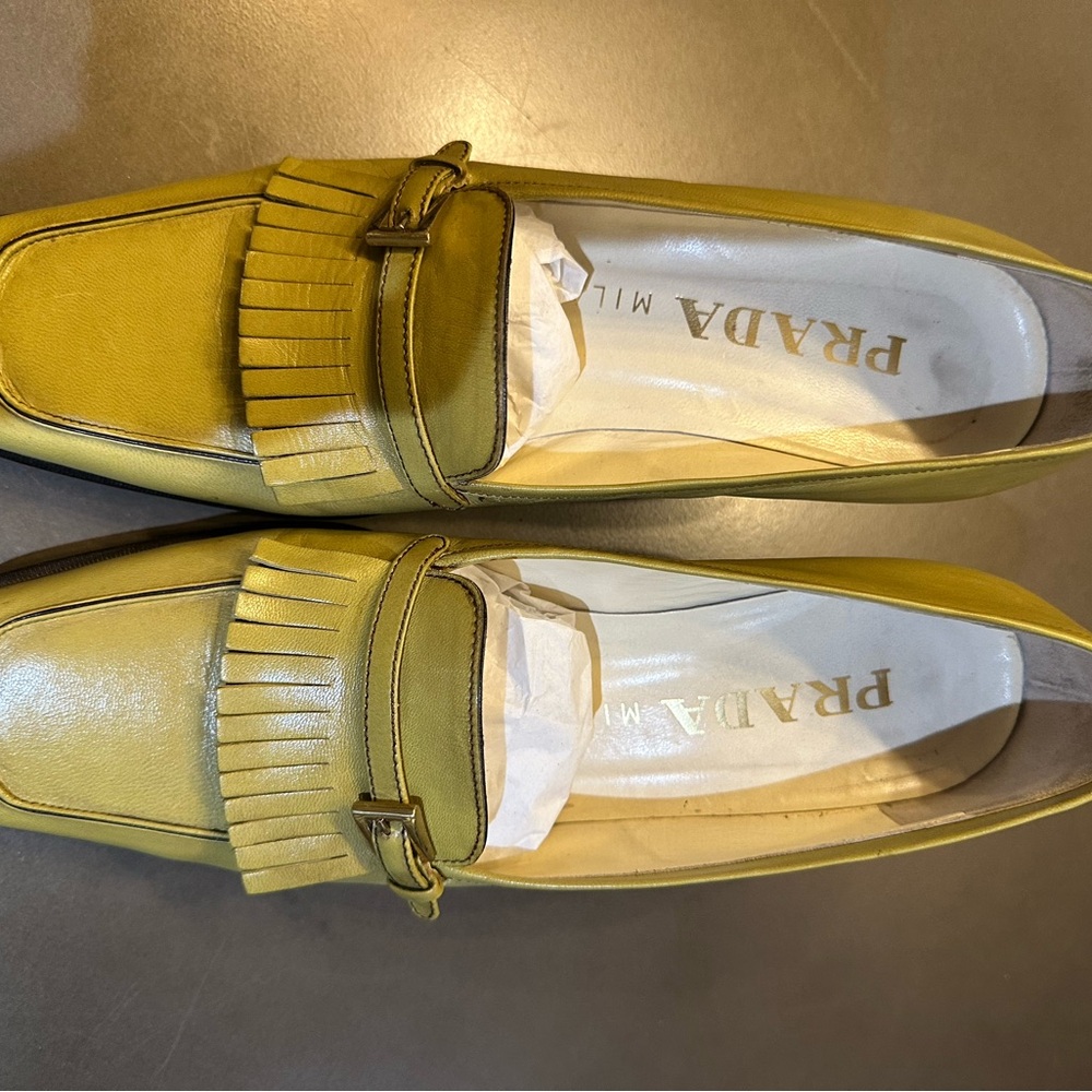Prada Mustard Leather Loafers with Fringe and Buckle